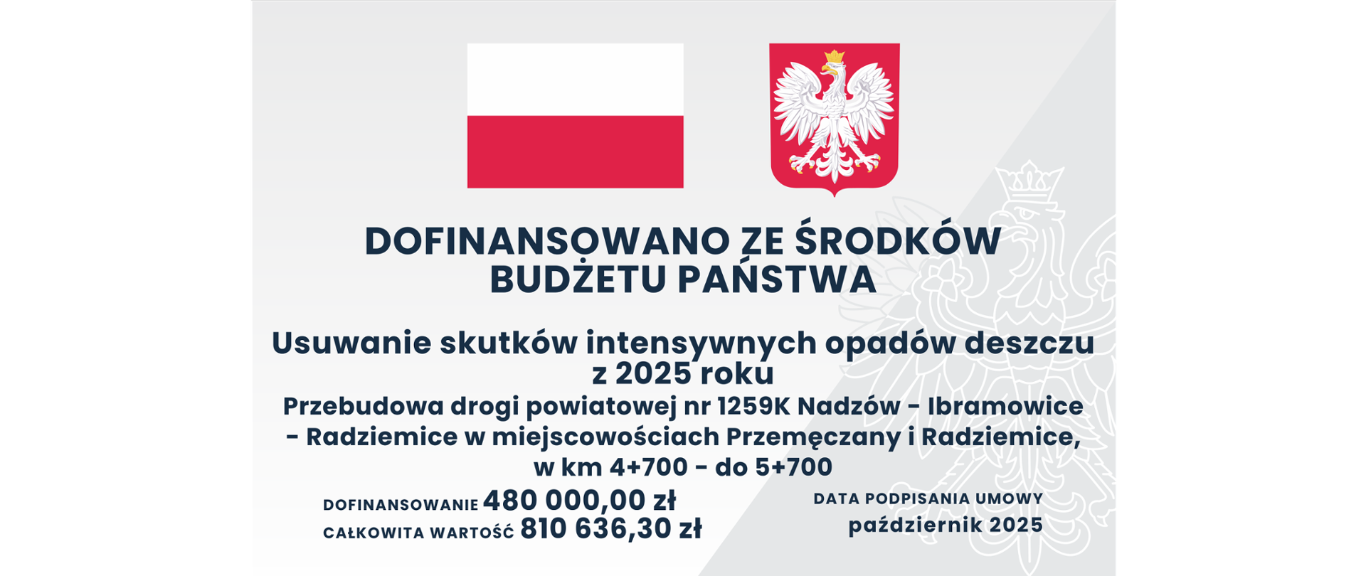 Tablica informacyjna- usuwanie skutków intensywnych opadów deszczu z 2025 roku na przebudowę drogi powiatowej 1259K Nadzów – Ibramowice – Radziemice w miejscowościach Przemęczany i Radziemice, u góry tablicy flaga i godło Polski.