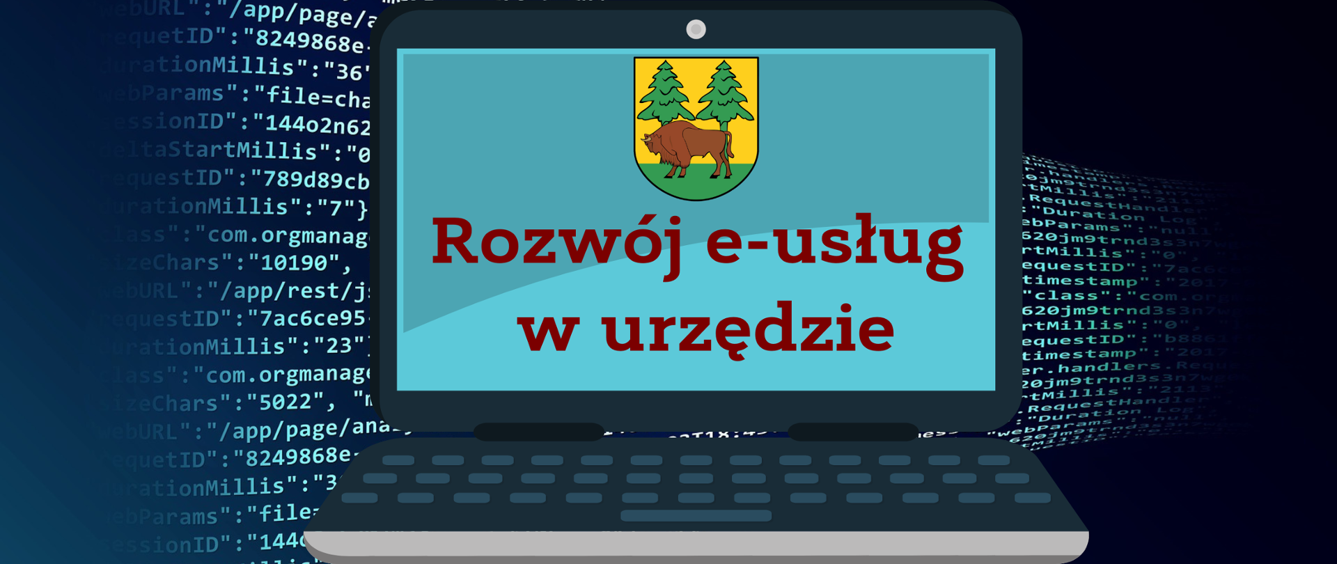 Na niebieskim tle z ciągiem znaków, grafika komputera. Na monitorze herb powiatu hajnowskiego (na żółto - zielonym tle żubr i dwa świerki) i napis- Rozwój e-usług w urzędzie