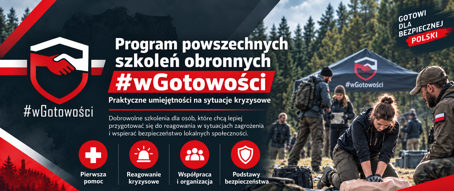 Panoramiczna grafika promująca program powszechnych szkoleń obronnych „wGotowości”. Po lewej stronie widoczne jest logo programu oraz napis „Program powszechnych szkoleń obronnych #wGotowości”. Grafika podkreśla praktyczne umiejętności przydatne w sytuacjach kryzysowych, takie jak pierwsza pomoc, reagowanie kryzysowe, współpraca i podstawy bezpieczeństwa. Po prawej stronie przedstawiono uczestników szkolenia podczas ćwiczeń z udzielania pierwszej pomocy. Całość utrzymana jest w czerwono-biało-granatowej kolorystyce.