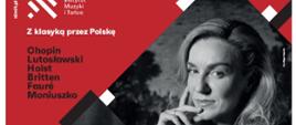 Plakat koncertu „Z klasyką przez Polskę” w czerwono-czarno-białej kolorystyce. Na środku znajdują się czarno-białe portrety sopranistki Joanny Freszel i wibrafonisty Leszka Lorenta. Plakat zapowiada koncert utworów Chopina, Lutosławskiego, Holsta, Brittena, Faurégo i Moniuszki, który odbędzie się 3 września 2026 o godz. 18:00 w Ośrodku Kultury im. Zofii Trynieckiej w Grodzisku Dolnym, Grodzisko Dolne 332.
