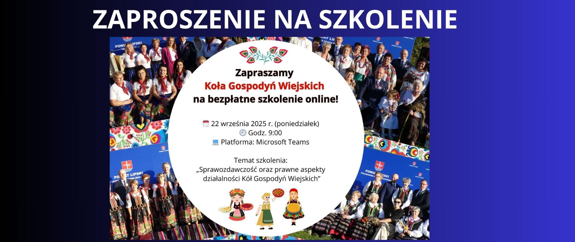 BIAŁY NAPIS NA GRANATOWYM TLE "ZAPROSZENIE NA SZKOLENIE" ZDJĘCIE PLAKATU Z INFORMACJAMI O DNIU I SPOSOBIE PRZEPROWADZENIA SZKOLENIA 