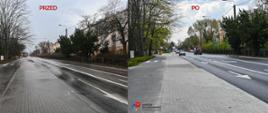 kompilacja dwóch zdjęć przed i po przebudowie Alei Tysiąclecia w Piastowie.