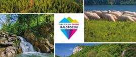 „Turystyczne Skarby Małopolski” – kolaż zdjęć przedstawiający najpiękniejsze zakątki regionu: górską wieżę widokową pośród lasów, stado owiec na tle jeziora i Tatr, malowniczy wodospad, wapienne skały oraz kwieciste górskie łąki.