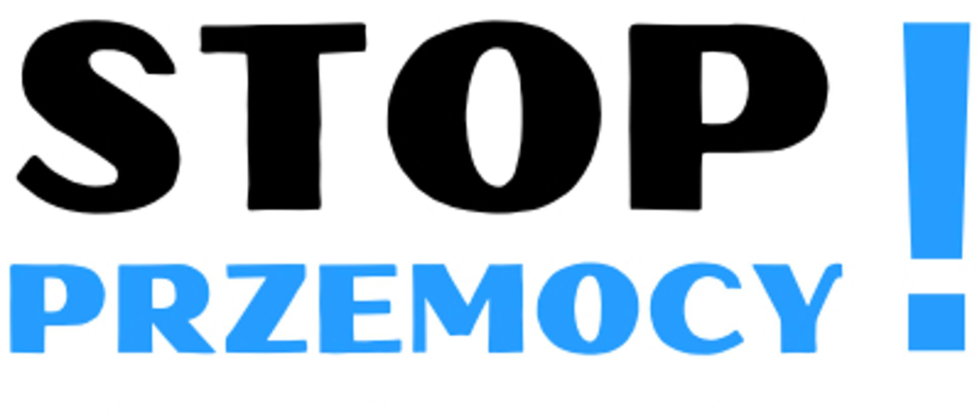 białe tło czarne i niebieskie litery stop przemocy 
