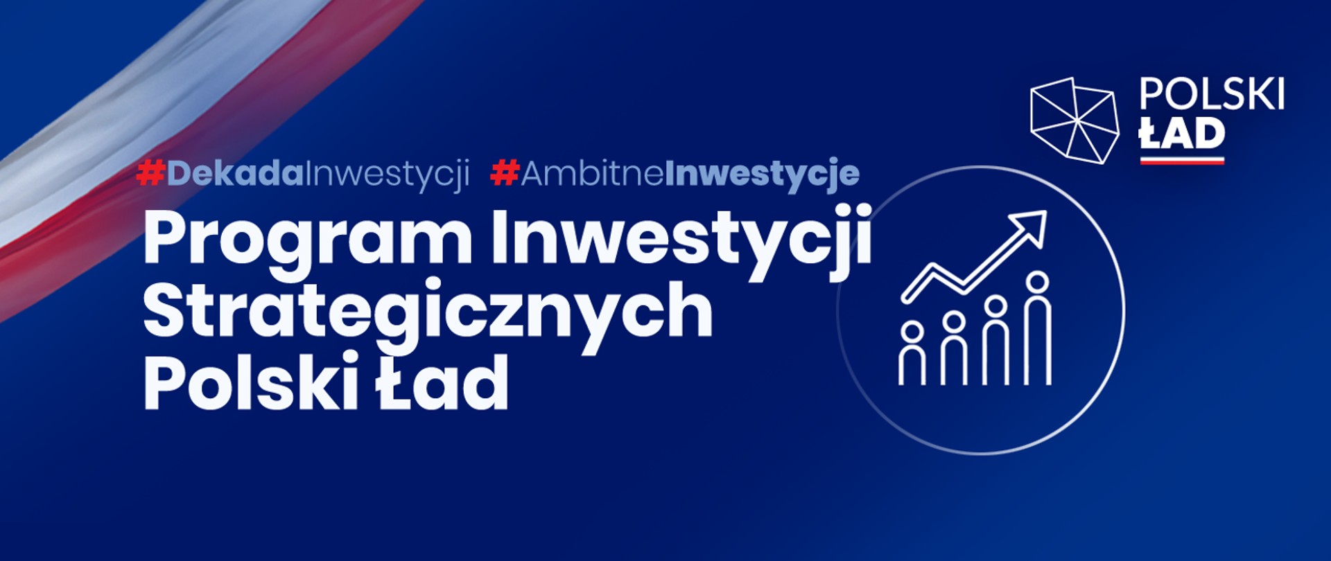 Program Inwestycji Strategicznych Polski Ład na niebieskim tle z delikatnym motywem flagi biało czerwonej 
