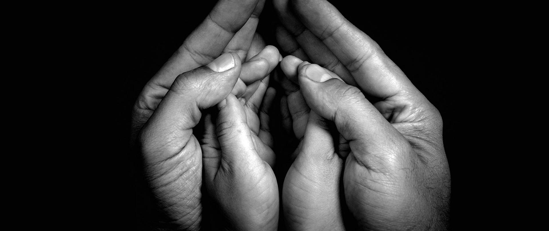 Czarno-białe zdjęcie dłoni dorosłej osoby obejmujących dłonie dziecka