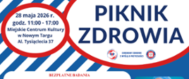 Plakat promujący wydarzenie, w odcieniach biało-niebiesko-czerwonym. Górą napis Piknik Zdrowia z informacją o miejscu i godzinie. dołem logotypy sponsorów i organizatorów. po prawej dwa zdjęcia. Jedno przedstawia panią doktor, w czepku lekarskim, drugie warzywa i owoce.