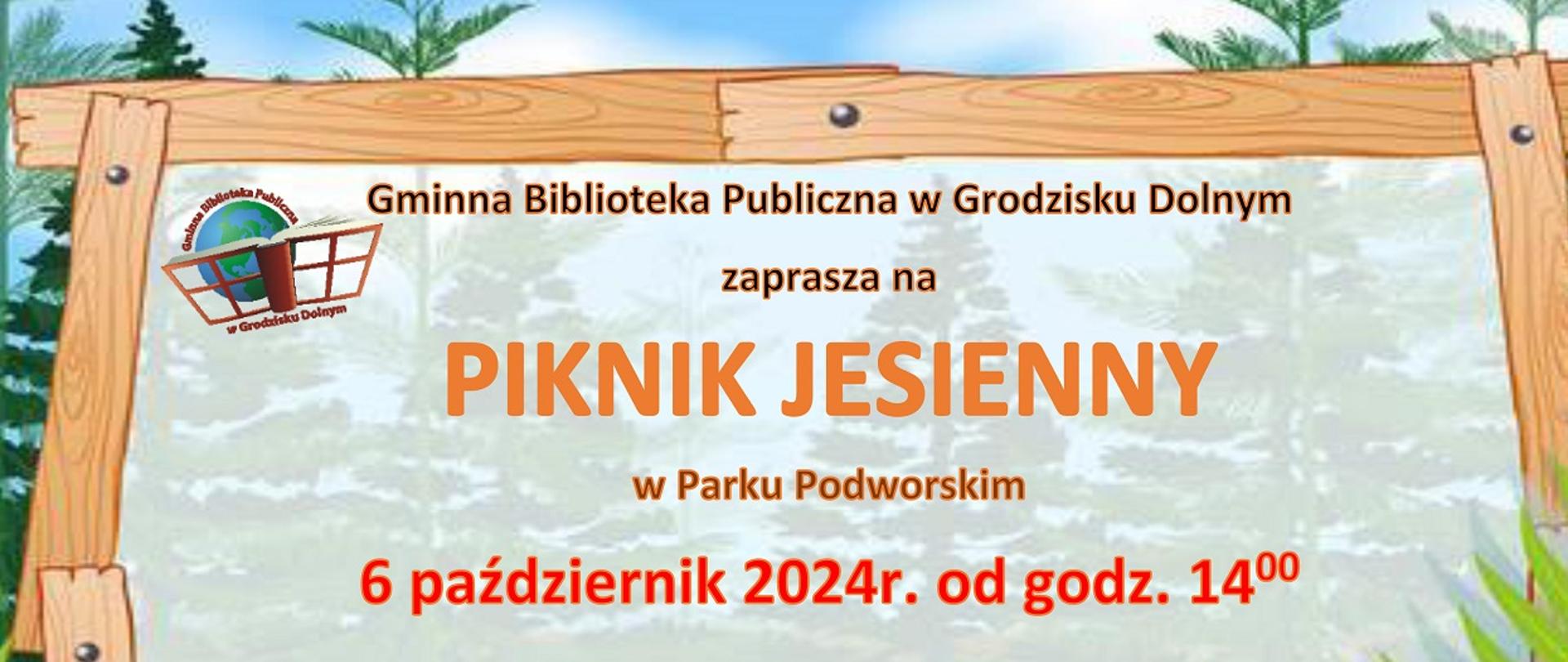 jesienny plakat, na dole zielone trawy kwiaty i grzyby, na górze niebieskie niebo 