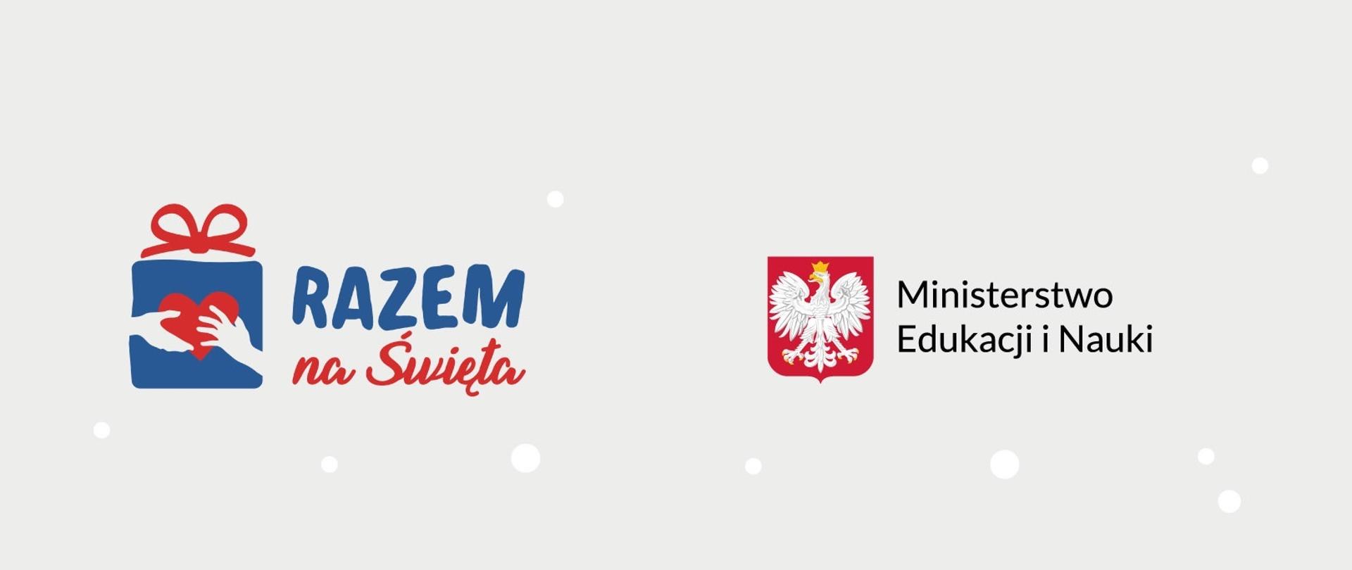 Obrazek paczki z rękoma trzymającymi serce oraz napis Razem na Święta oraz godło Polski z napisem Minister Edukacji i Nauki