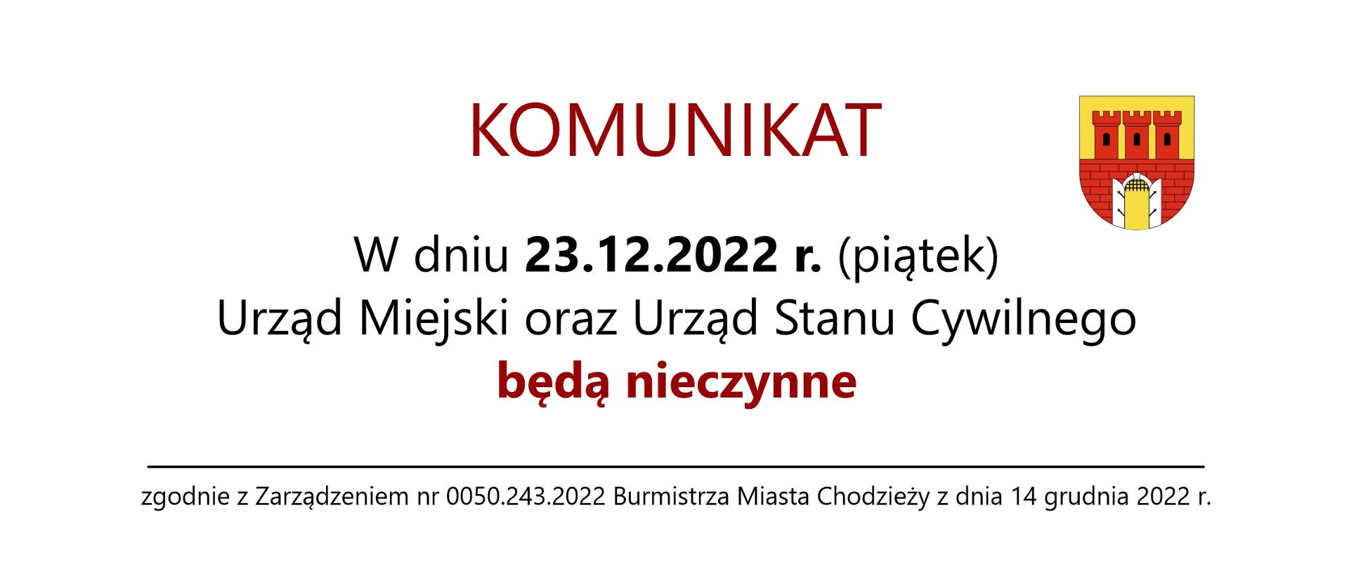 Baner komunikat nt. pracy Urzędu Miejskiego 23 grudnia br. 