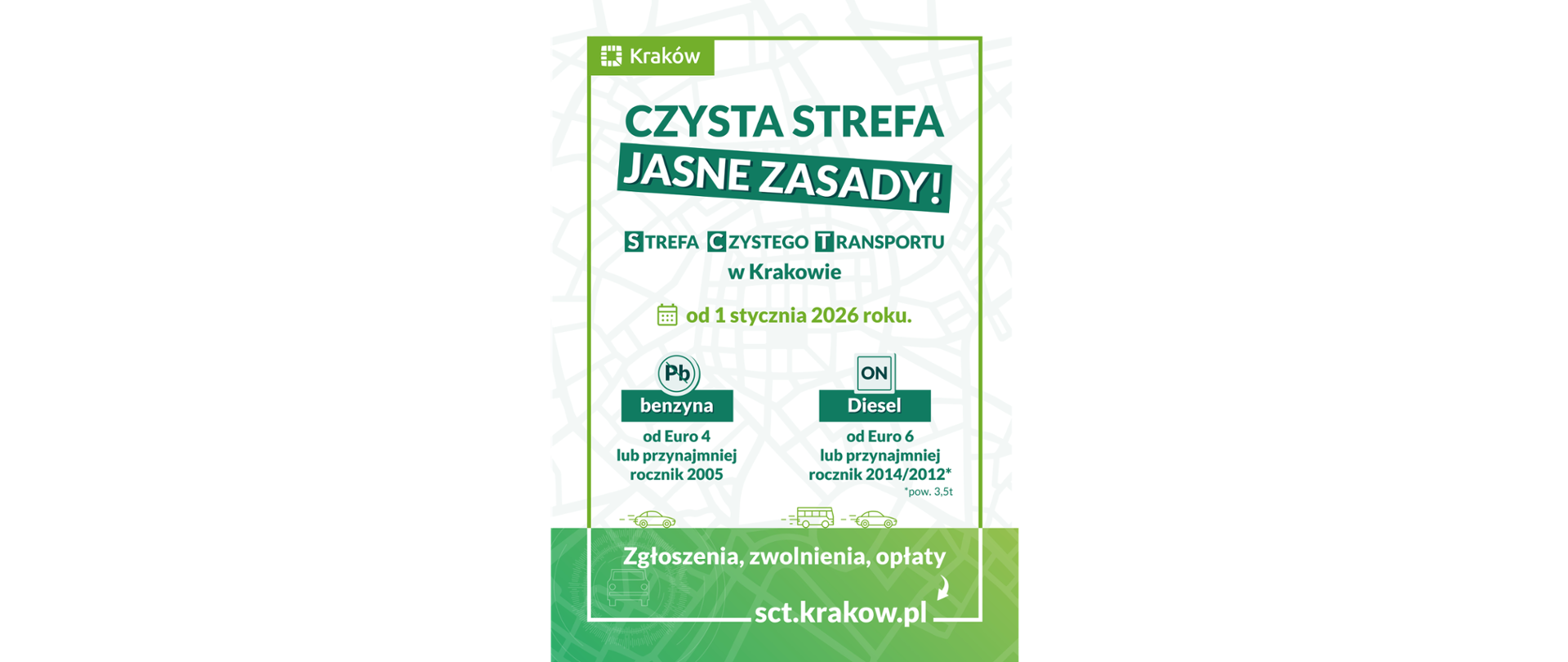 Plakat Strefy Czystego Transportu w Krakowie - wymogi dotyczące pojazdów 