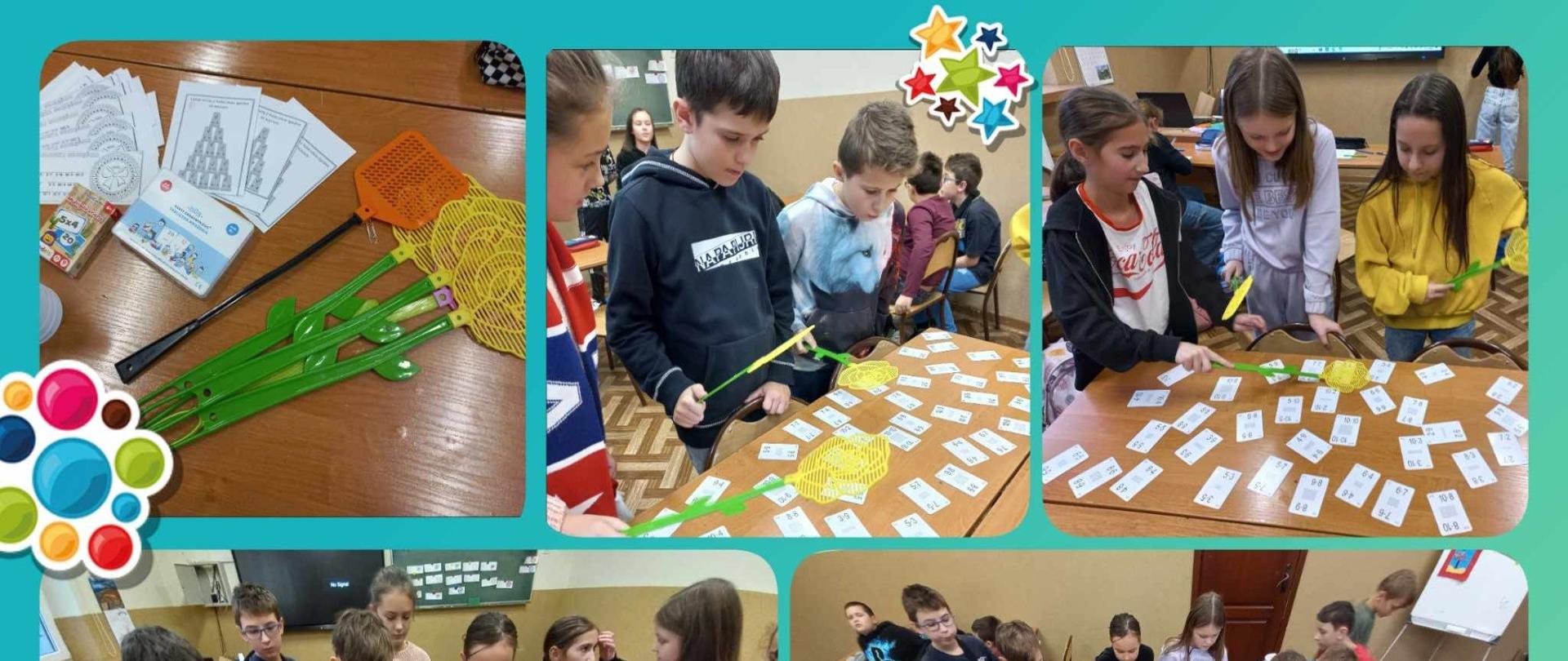 Kolarz zdjęć prezentujący uczniów podczas rozwiązywania różnorodnych zadań matematycznych w ramach Światowego Dnia Tabliczki Mnożenia