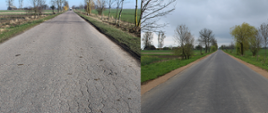 Efekt remontu - kolaż zdjęć przedstawiający z lewej nową nawierzchnią, z prawa - starą nawierzchnię drogi