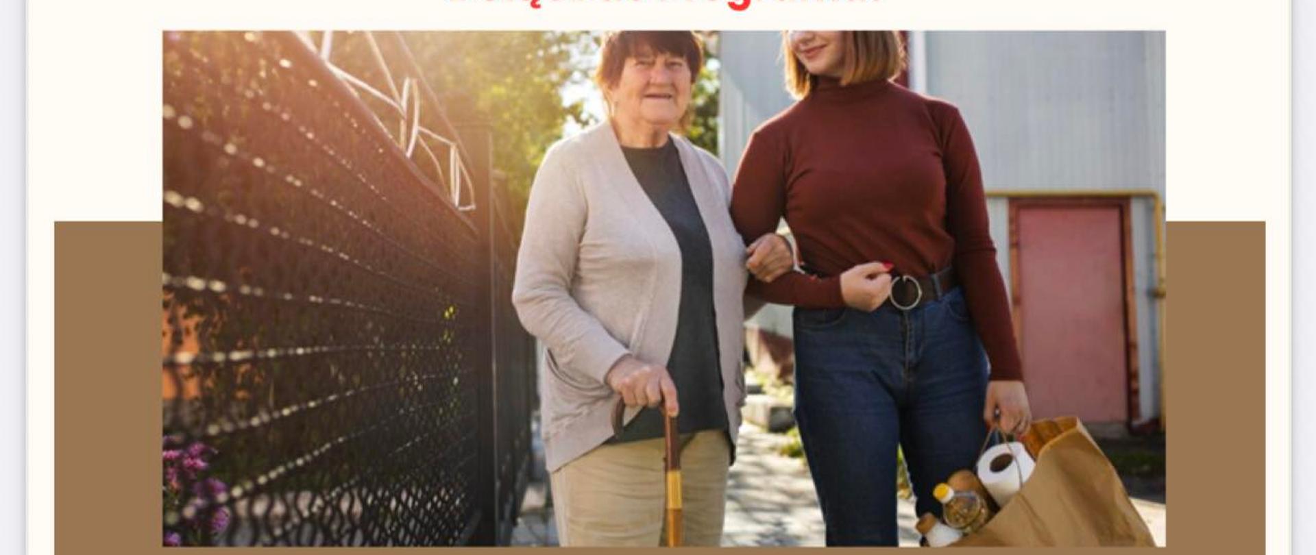 Na plakacie umieszczono grafikę przedstawiającą asystenta, który pomaga iść starszej kobiecie, oraz informacje o programie, zawarte w artykule.