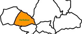 Zdjęcie przedstawia zarys gminy Raba Wyżna z zaznaczonym na kolor pomarańczowy Sołectwem Harkabuz