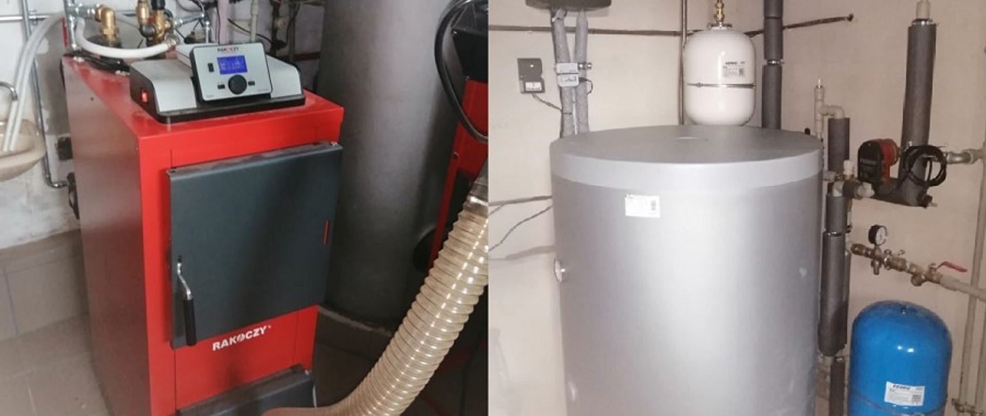 Na obrazkach widzimy centralny piec, instalacje odnawialnych źródeł energii oraz zasobnik do kolektorów słonecznych