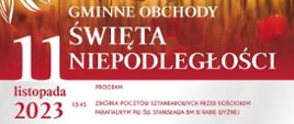 Plakat promujący Gminne obchody Święta Niepodległości. 11 listopada 2023. Program: 10:45 - zbiórka pocztów sztandarowych przed kościołem parafialnym.