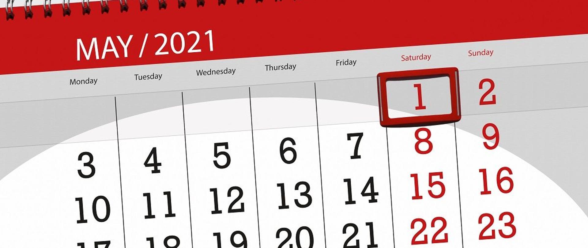 Ilustracja przedstawia kalendarz z zaznaczonym dniem 1 maja