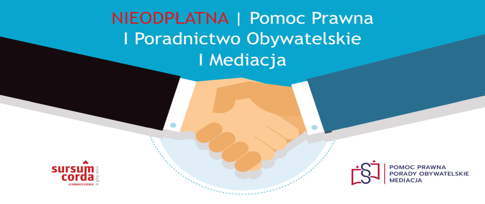 Napis na niebieskim tle: nieodpłatna pomoc prawna, poradnictwo obywatelskie, mediacja. Pod spodem witające się dłonie.