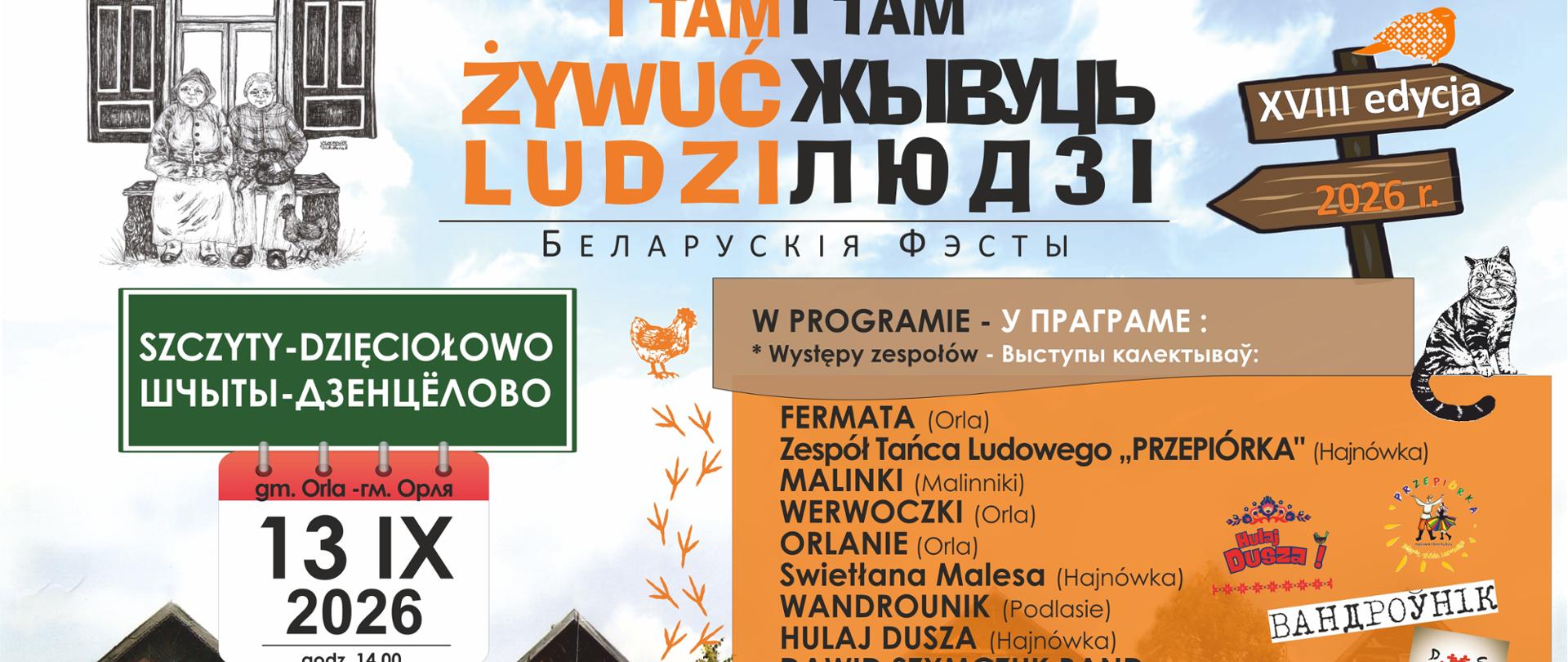 Na tle grafiki przedstawiającej drewniane domy umieszczono informacje o wydarzeniu, zawarte w artykule