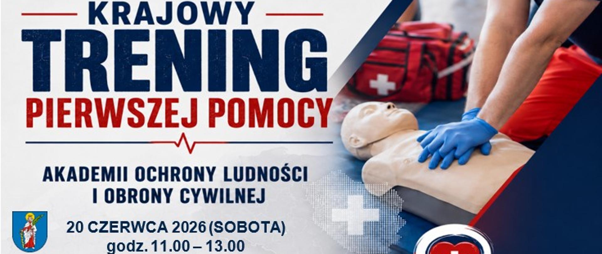 Plakat informujący o Krajowym Treningu Pierwszej Pomocy organizowanym przez Akademię Ochrony Ludności i Obrony Cywilnej. Trening odbędzie się 20 czerwca 2026 r. (sobota) w godzinach 11:00-13:00 w namiocie przy Hali Sportowej Szkoły Podstawowej w Tyczynie, ul. Grunwaldzka 31. Po lewej stronie plakatu znajduje się herb Tyczyna, a po prawej zdjęcie osoby w rękawiczkach wykonującej masaż serca na fantomie, obok niej czerwona torba ratownicza. Całość opatrzona jest hasłem "Razem tworzymy bezpieczną Polskę" oraz logiem serca z krzyżem.