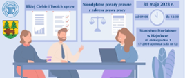 Na niebieskim tle zdjęcie trzech osób siedzących przy stole, nad grafiką informacje organizacyjne oraz loga - herb powiatu hajnowskiego, Państwowej Inspekcji Pracy oraz miasta Hajnówki