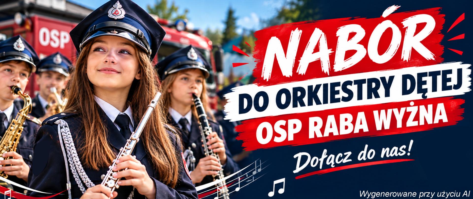 Na zdjęciu dzieci ubrane po strażacku z instrumentami, po prawej informacja o naborze do orkiestry dętej.