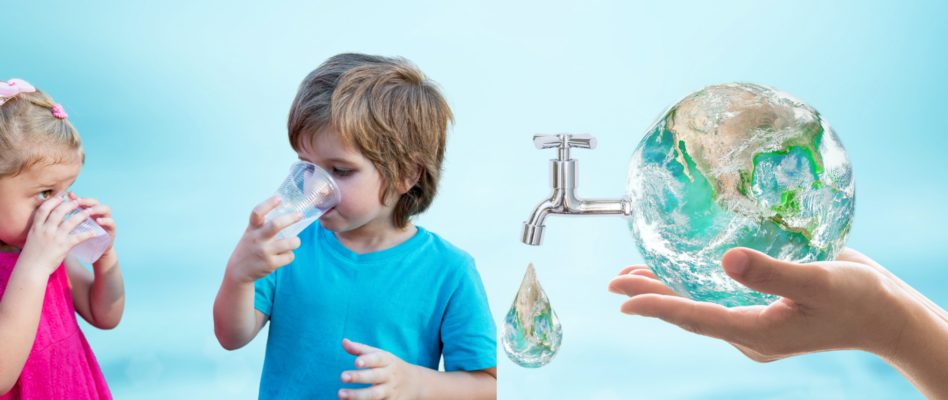 Zdjęcie dzieci pijących wodę i grafika ziemi z kurkiem