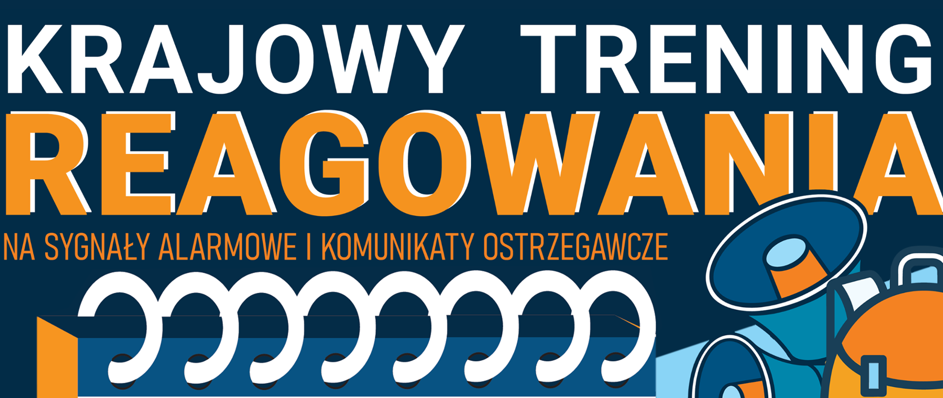 Plakat Akademii OLiOC zapraszający na Krajowy Trening Reagowania: 29.08, godz. 13:00–16:00, Jadowniki Mokre 338 (strażnica). W programie: reagowanie na alarmy, szukanie schronienia i pakowanie plecaka ewakuacyjnego. W tle grafiki: kalendarz, plecak, megafony, instruktor w kasku oraz logotypy MSWiA i Ochrony Ludności.