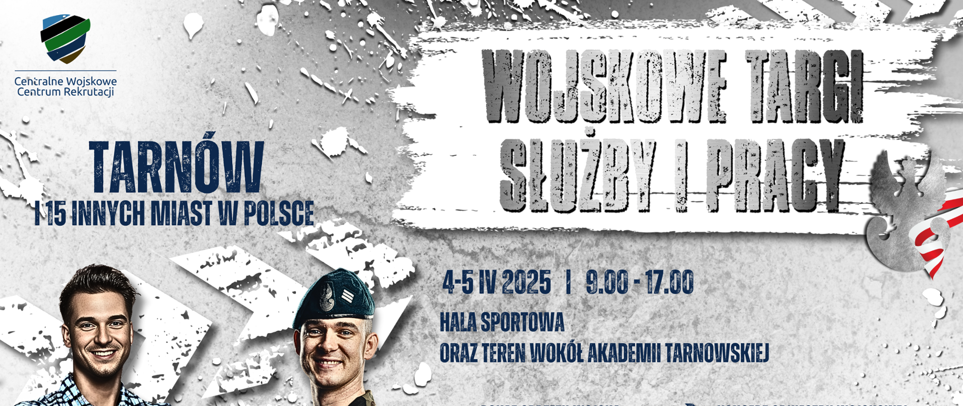 Grafika przedstawia na jasnym tle z lewej strony wizerunki młodych mężczyzn, jeden z nich ubrany jest w mundur wojskowy. Z prawej strony znajduje się tekst z informacją o targach. Na dole widnieje logo patronatów honorowych.