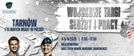 Grafika przedstawia na jasnym tle z lewej strony wizerunki młodych mężczyzn, jeden z nich ubrany jest w mundur wojskowy. Z prawej strony znajduje się tekst z informacją o targach. 
