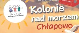 na kolorowym tle biały napis kolonie nad morzem z lewej strony w kółku grafika trzech ludzików 