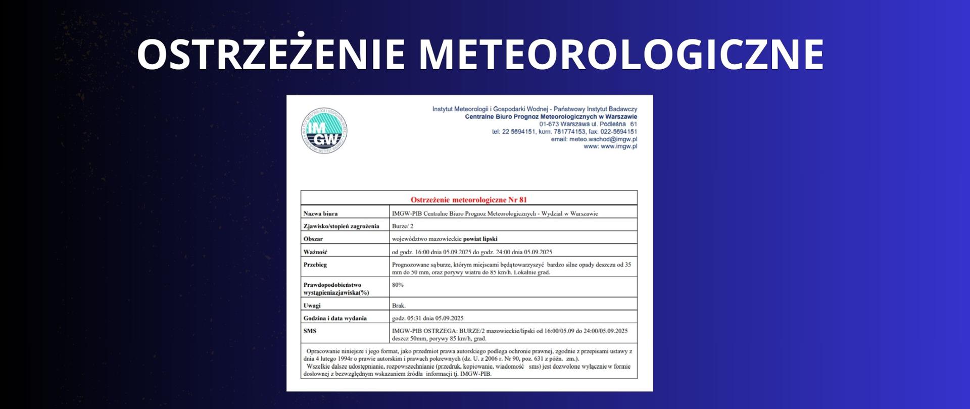 biały napis na granatowym tle ostrzeżenie meteorologiczne i tekst ostrzeżenia