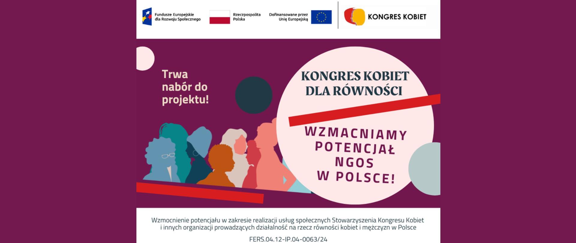 Baner na fioletowym tle odnośnie Kongresu Kobiet Dla Równości. Nabór do projektu.