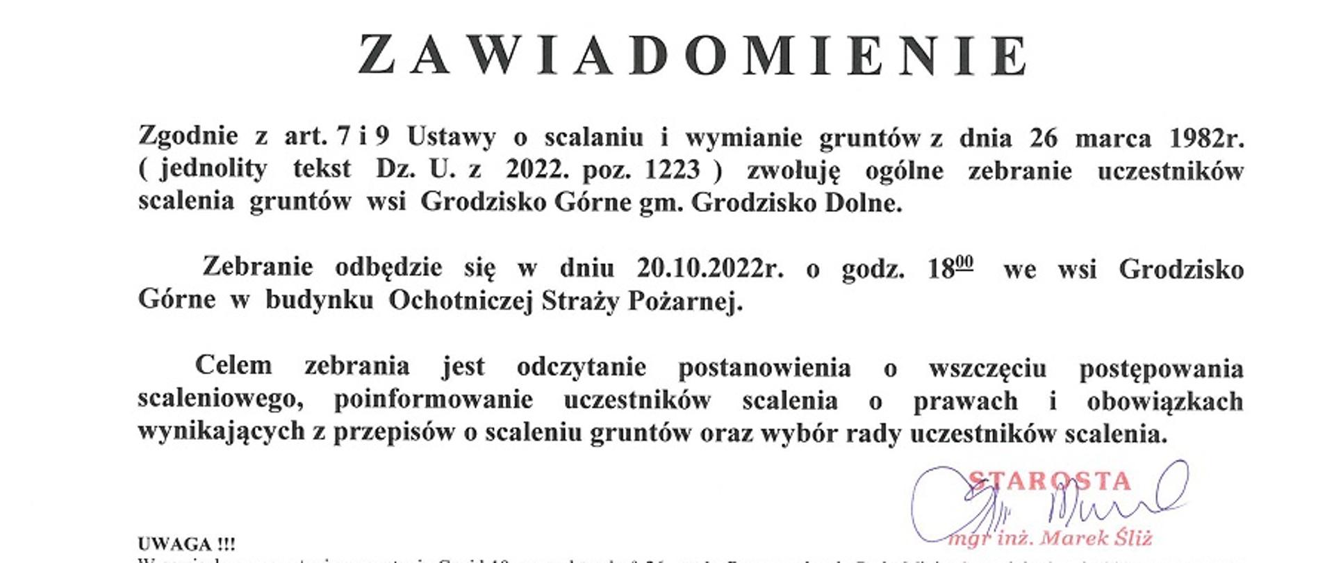 Zawiadomienie pisane czarnym kolorem na białym tle