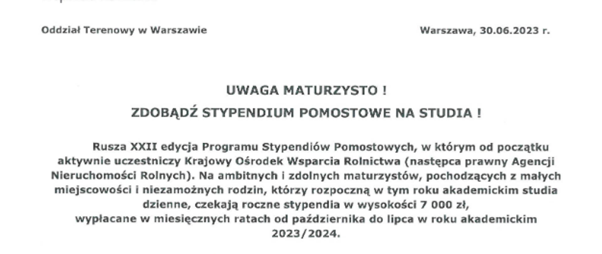 Plakat Krajowy Ośrodek Wsparcia Rolnictwa - Stypendium pomostowe