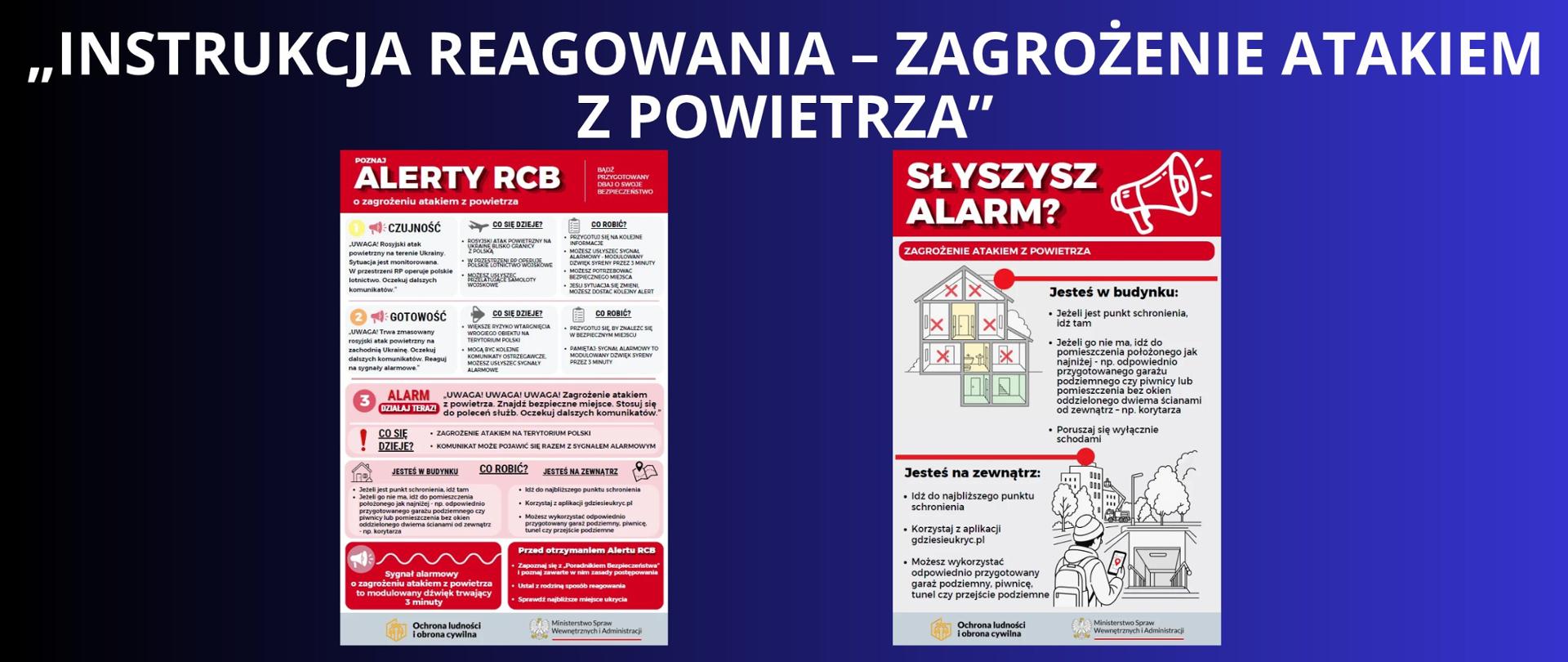 Granatowe tło z białym napisem "„Instrukcja reagowania – zagrożenie atakiem z powietrza”". Pod napisem dwa plakaty dotyczące rodzajów alertów RCB i jak się zachować jak usłyszysz alarm przygotowane przez Ministerstwo Spraw Wewnętrznych i Administracji.