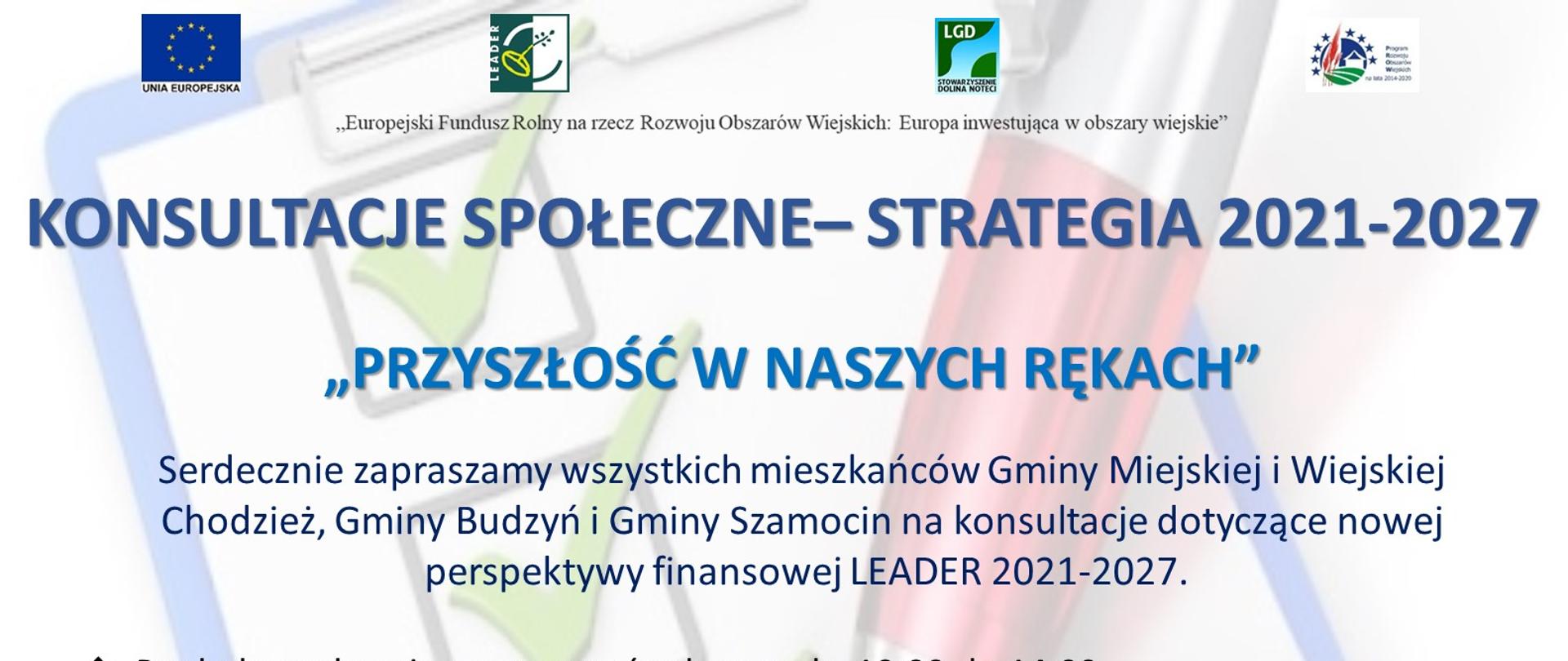 Plakat informujący o konsultacjach społecznych organizowanych przez Stowarzyszenie Dolin Noteci 