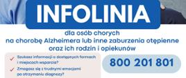 Plakat informacyjny dotyczący projektu wsparcia dla osób chorych na chorobę Alzheimera oraz inne zaburzenia otępienne, a także dla ich rodzin i opiekunów.
Na plakacie znajduje się informacja o bezpłatnej infolinii wsparcia. Numer telefonu to: 800 201 801.
Infolinia jest czynna:
– od poniedziałku do piątku w godzinach od 10:00 do 21:00,
– w soboty w godzinach od 10:00 do 16:00.
Projekt oferuje pomoc, informacje oraz wsparcie dla osób dotkniętych chorobą oraz ich bliskich.