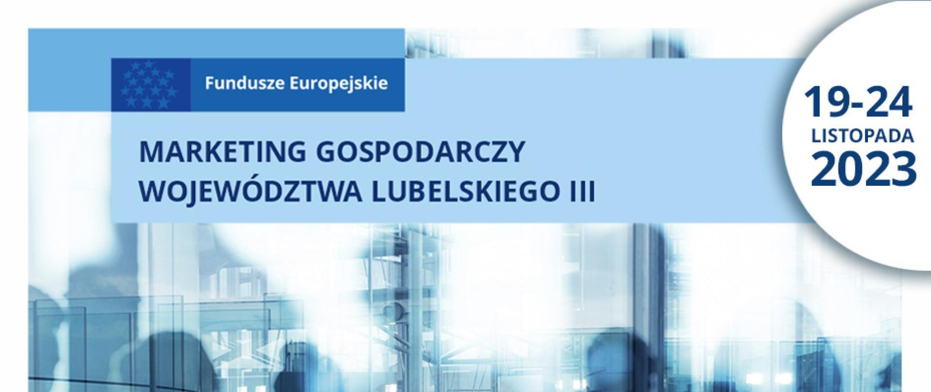 Wyjazd związany z promocją MŚP z województwa lubelskiego do Chin, białe napisy na niebieskim tle z sylwetkami ludzi