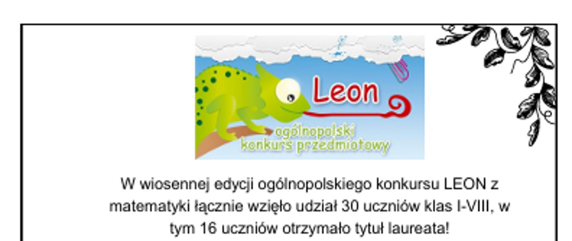 Białe tło, dookoła czarna ramka z liściastym wzorem w rogach. Na środku czarny tekst. Na górze niebieski prostokąt z grafiką kameleona.
