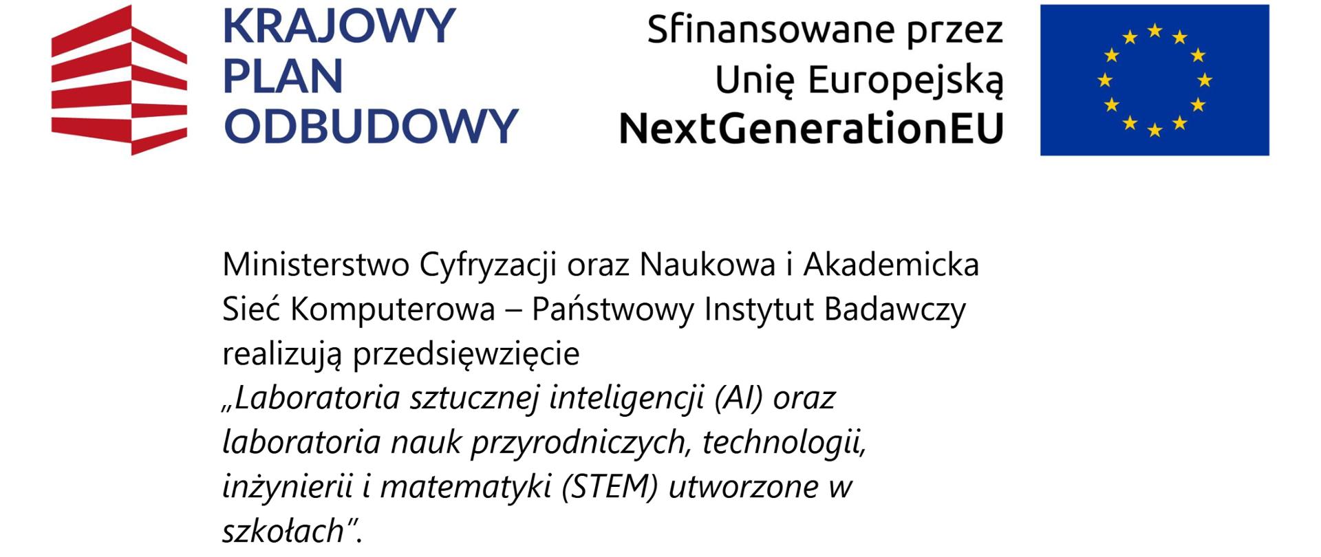 Logo Krajowego Planu Odbudowy, flaga UE i informacje o finansowaniu projektów laboratoriów AI oraz STEM w polskich szkołach z dofinansowaniem UE 1 949 100 000,00 PLN.