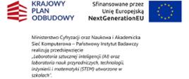 Logo Krajowego Planu Odbudowy, flaga UE i informacje o finansowaniu projektów laboratoriów AI oraz STEM w polskich szkołach z dofinansowaniem UE 1 949 100 000,00 PLN.