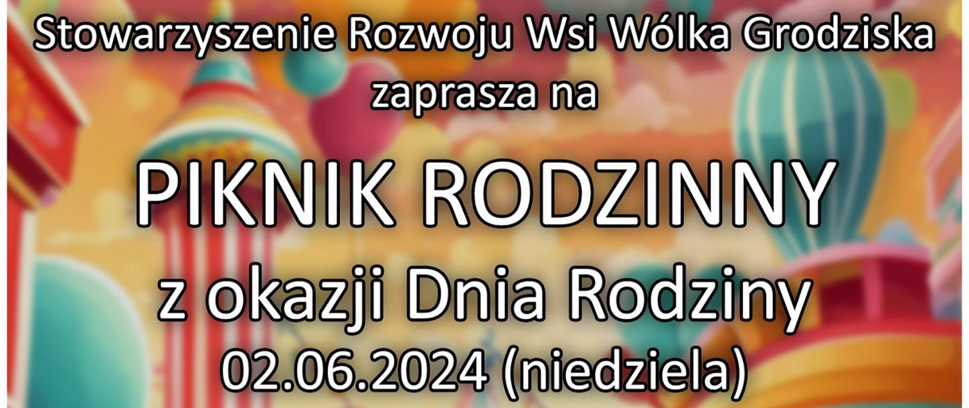 kolorowy plakat na pierwszym planie dzieci kolorowo ubrane biegnące ulicą, białe litery zaproszenie na piknik rodzinny 