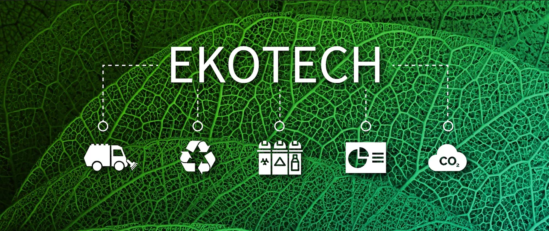 Baner EKOTECH, zielony liść, umieszczone białe ikony symbolizujące ochronę środowiska