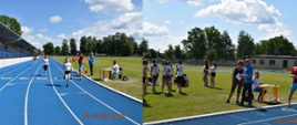 Kolaż zdjęć: bieg dziewcząt na 60 m. Po lewej: uczestnicy pokonują trasę, po prawej: trenerzy obserwują sytuację na linii mety