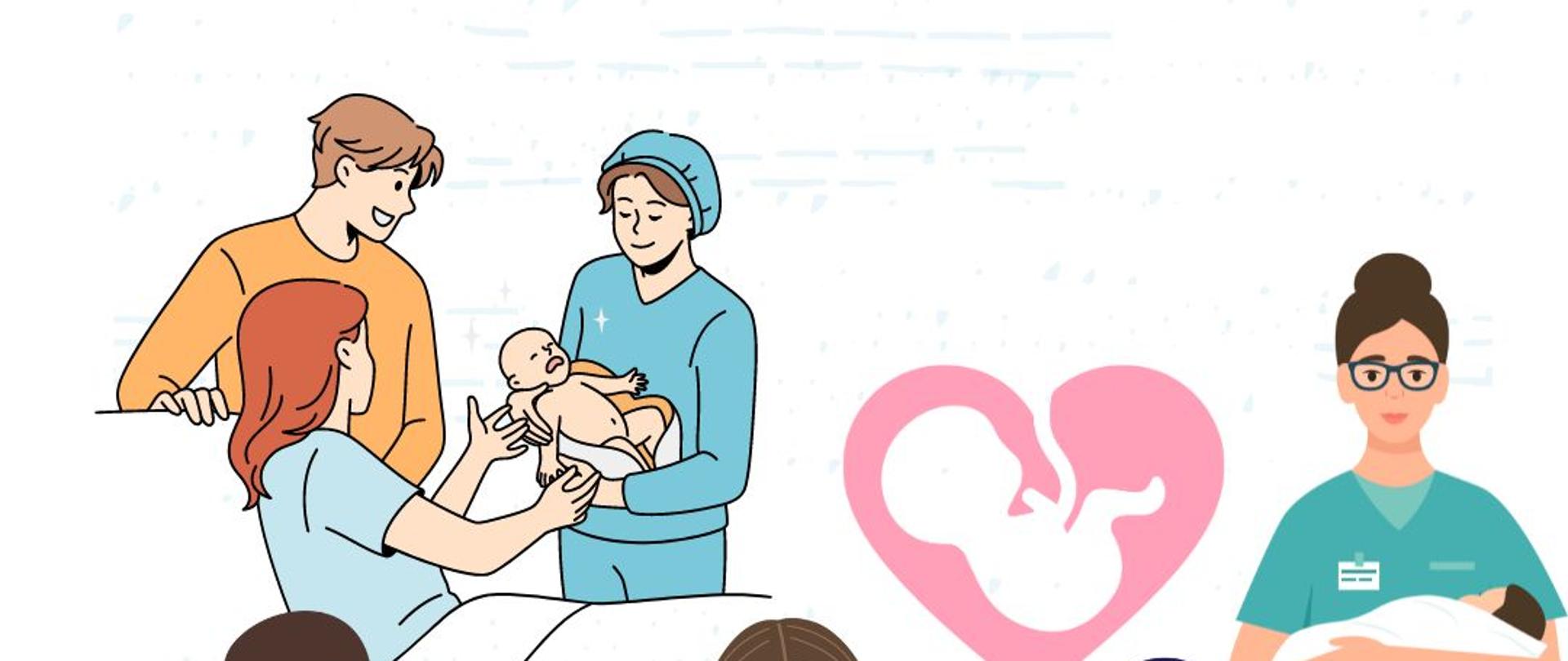 Zdjęcie przedstawia grafikę, na której znajdują się pracownicy służby zdrowia.