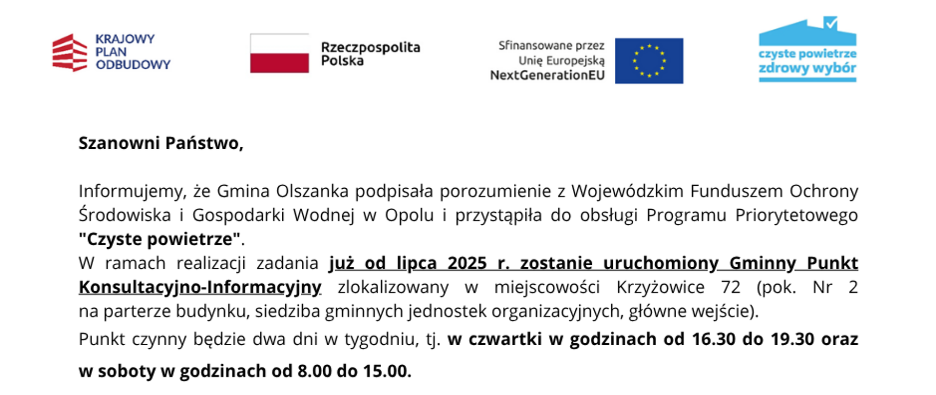 Informacja - Gminny Punkt Konsultacyjno - Informacyjny Programu Czyste Powietrze