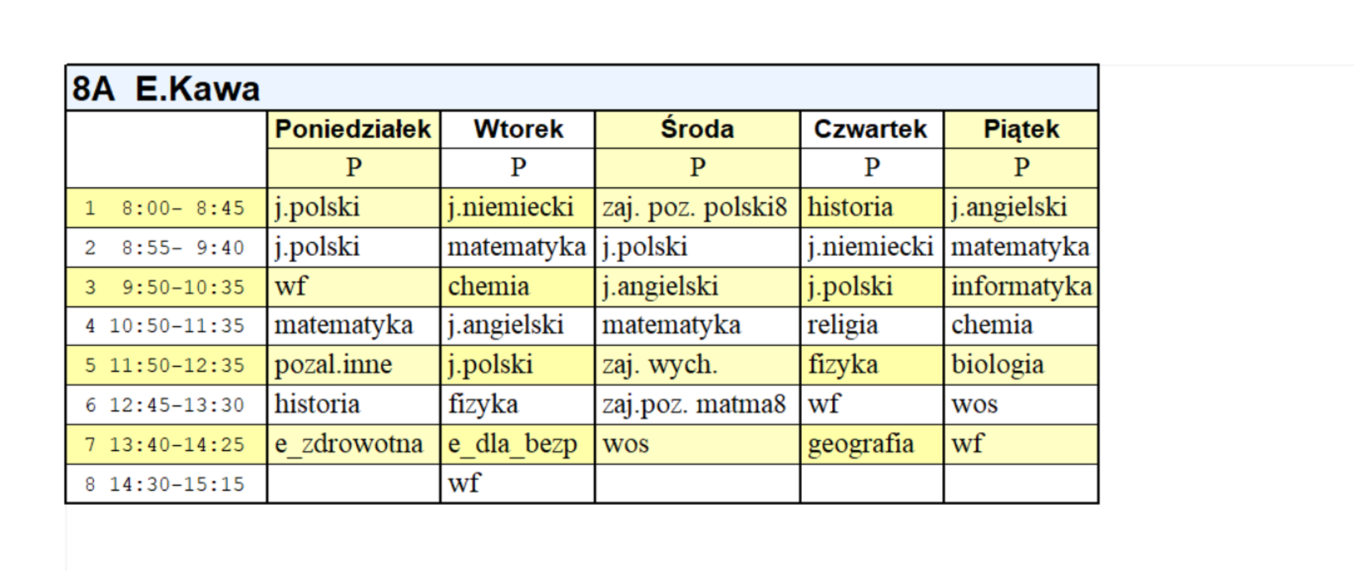 Plan lekcji kl. 8