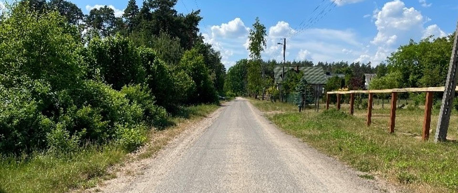 Powierzchniowo utwardzona droga po lewej stronie zakrzaczenia, po prawej stronie w oddali zabudowania.